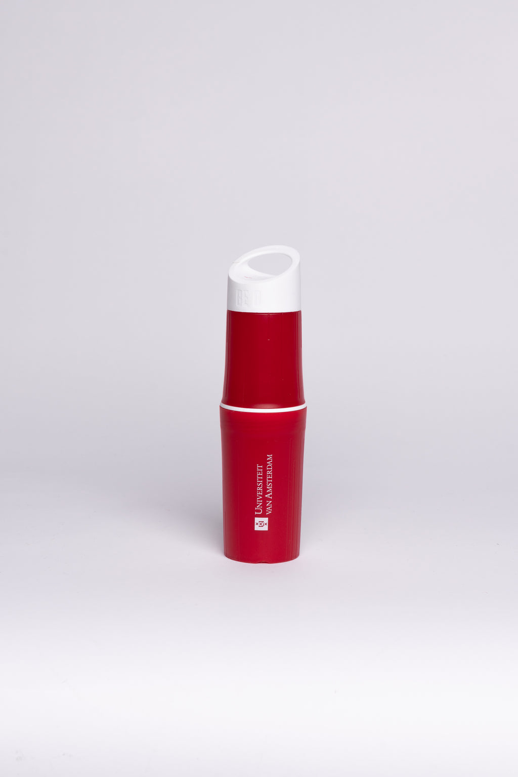 Reusable water bottle with the University of Amsterdam logo of BE O in multiple colors